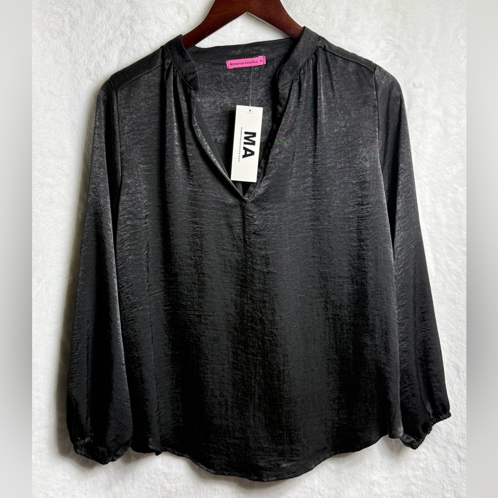 Maternal America Black Satin V-Neck Balloon Sleeve Blouse
